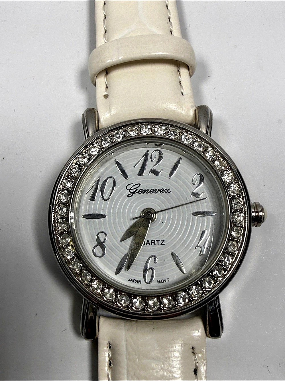 Genevess Rhinestone Bezel Watch in White & Silver